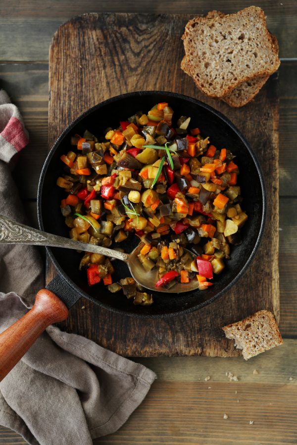 roasted vegetables pieces, ratatouille in pan