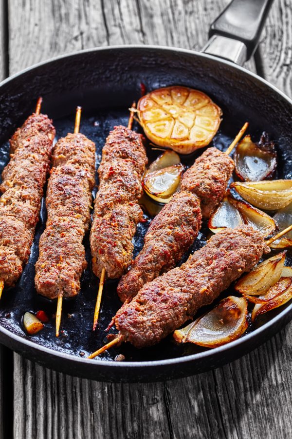 Mediterranean dish: kofta kebab of minced lamb meat roasted on skewers with spice mix