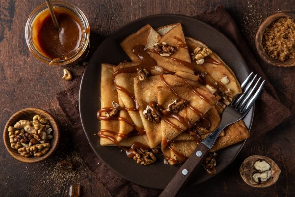 crepes with salted caramel and nuts