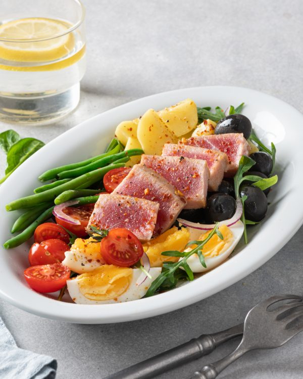 nicoise salad with fresh tuna, french cuisine
